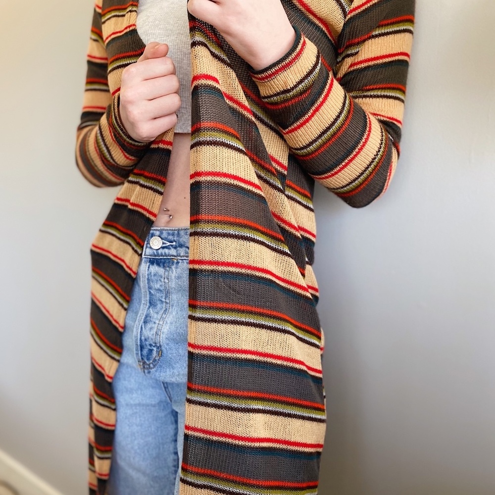 Bohemian striped long cardigan, size small, tan, green, red, brown